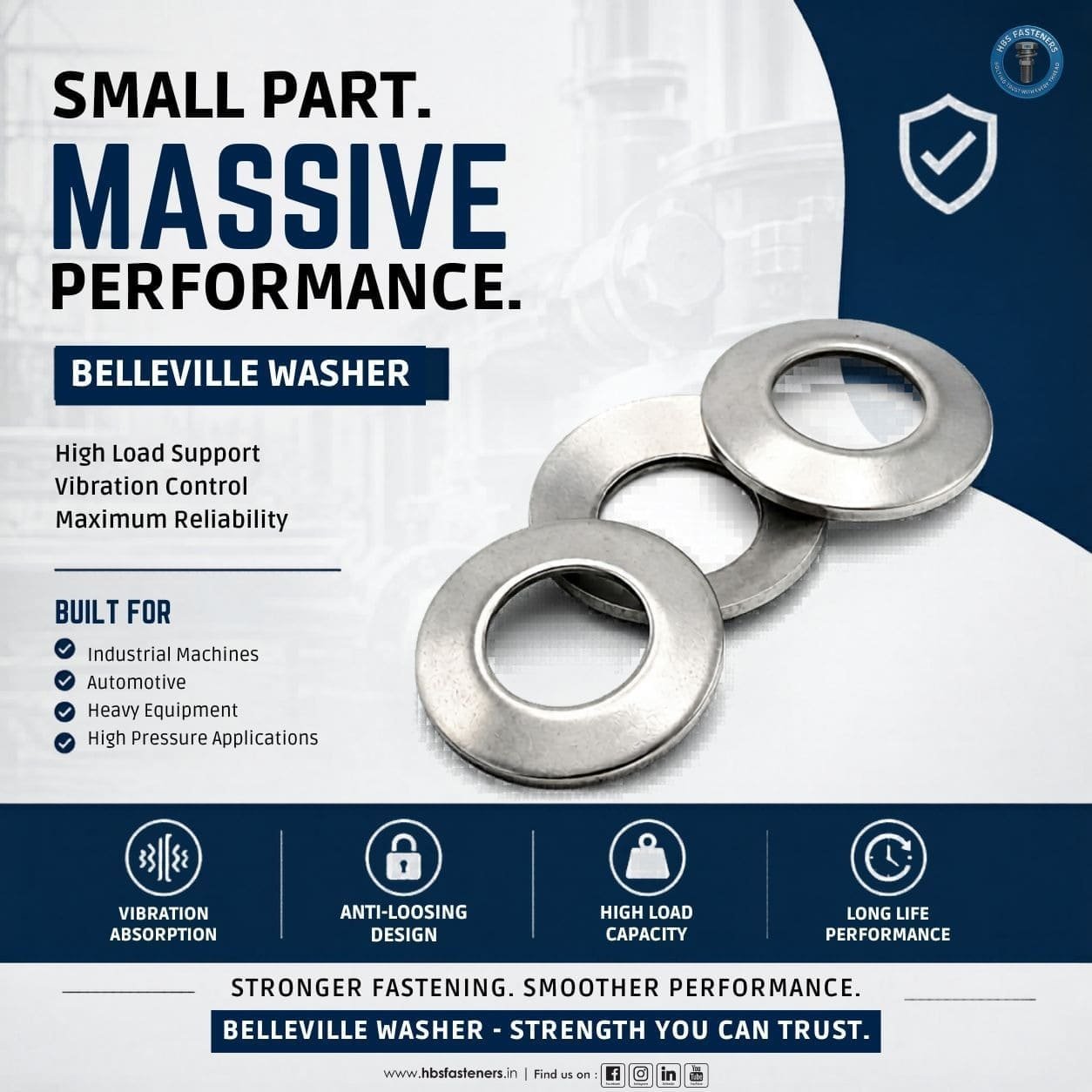 Belleville washers for high clamping force industrial applications